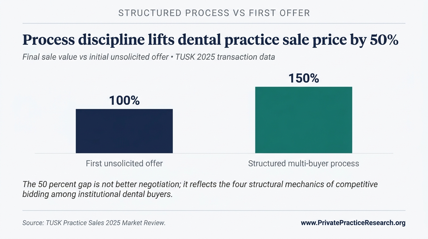 Process discipline lifts dental practice sale price by 50%. Two vertical bars comparing first-unsolicited-offer starting point at 100% against structured multi-buyer process at 150%.