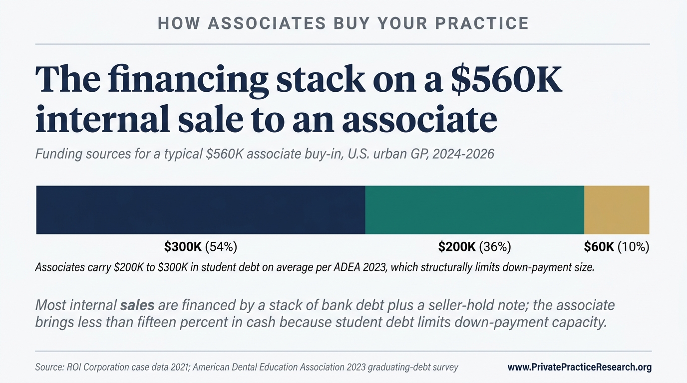 The financing stack on a $560K internal sale to an associate. Stacked horizontal bar showing how a typical $560K internal sale is funded: bank loan $300K, seller-hold note $200K, associate down payment $60K.